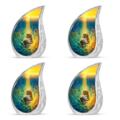 Calming Blue Cat Cremation Urn close-up of engraving and surface detail - smooth teardrop contour featuring cat art - 10 inch aluminum urn for cremated remains