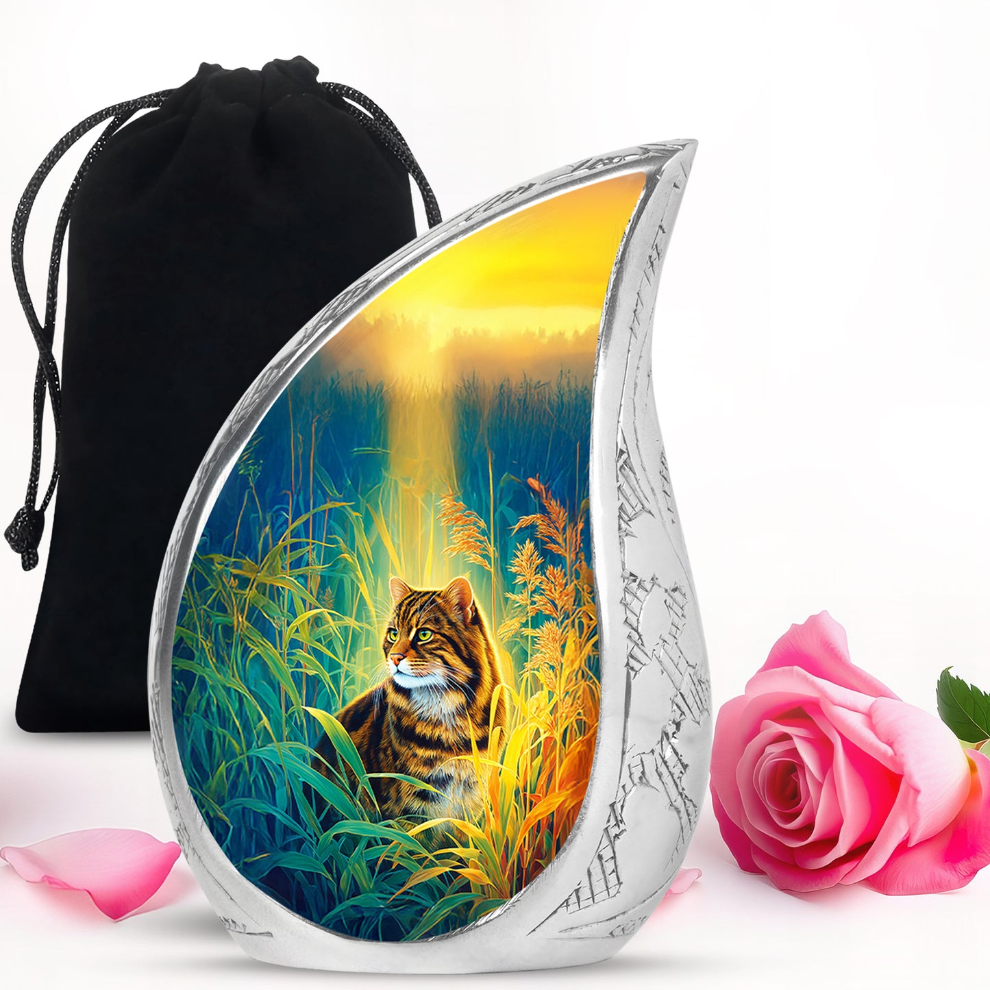 Royal Blue Cat Cremation Urn front view showing detailed design - smooth teardrop contour featuring cat art - full-size 10 inch 200 cubic inch adult cremation urn