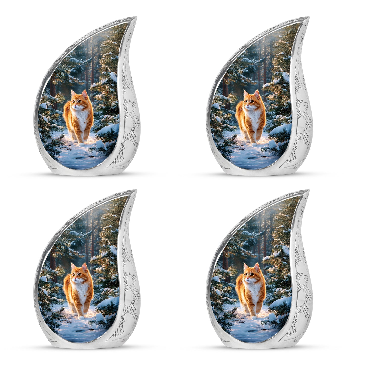 Misty Blue Cat Cremation Urn close-up of engraving and surface detail - rounded teardrop cat design with delicate detail - 10 inch aluminum urn for cremated remains