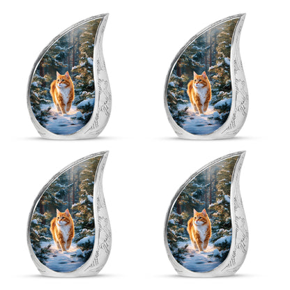 Misty Blue Cat Cremation Urn close-up of engraving and surface detail - rounded teardrop cat design with delicate detail - 10 inch aluminum urn for cremated remains