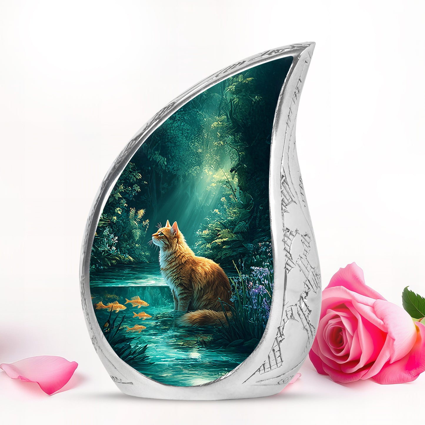 Teal Comforting Cat Memorial Urn for Ashes - 10-inch, 200 cu in - Yatskia