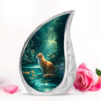 Teal Comforting Cat Memorial Urn for Ashes - 10-inch, 200 cu in - Yatskia