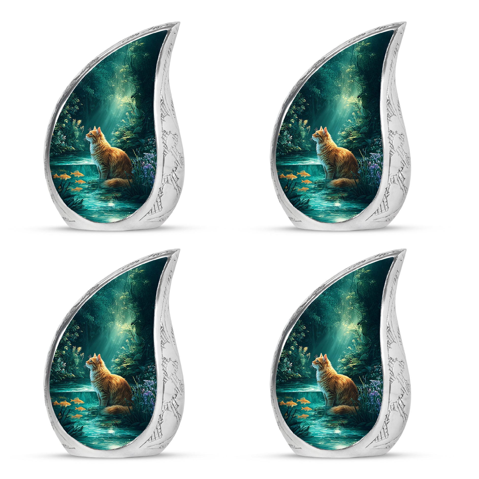 Sea Green Teal Cat Cremation Urn close-up of engraving and surface detail - rounded teardrop cat design with delicate detail - 10 inch aluminum urn for cremated remains