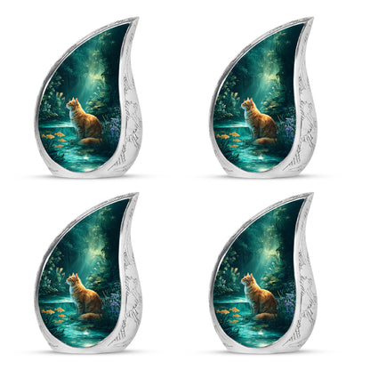 Sea Green Teal Cat Cremation Urn close-up of engraving and surface detail - rounded teardrop cat design with delicate detail - 10 inch aluminum urn for cremated remains