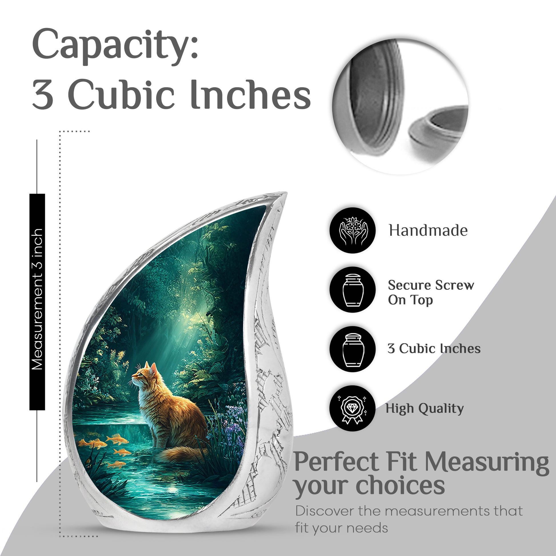 Aqua Teal Cat Cremation Urn angled view of lid and engraved motif - smooth teardrop contour featuring cat art - mini keepsake memorial for portion of cremation ashes