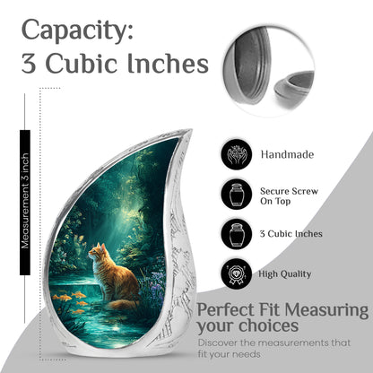 Aqua Teal Cat Cremation Urn angled view of lid and engraved motif - smooth teardrop contour featuring cat art - mini keepsake memorial for portion of cremation ashes