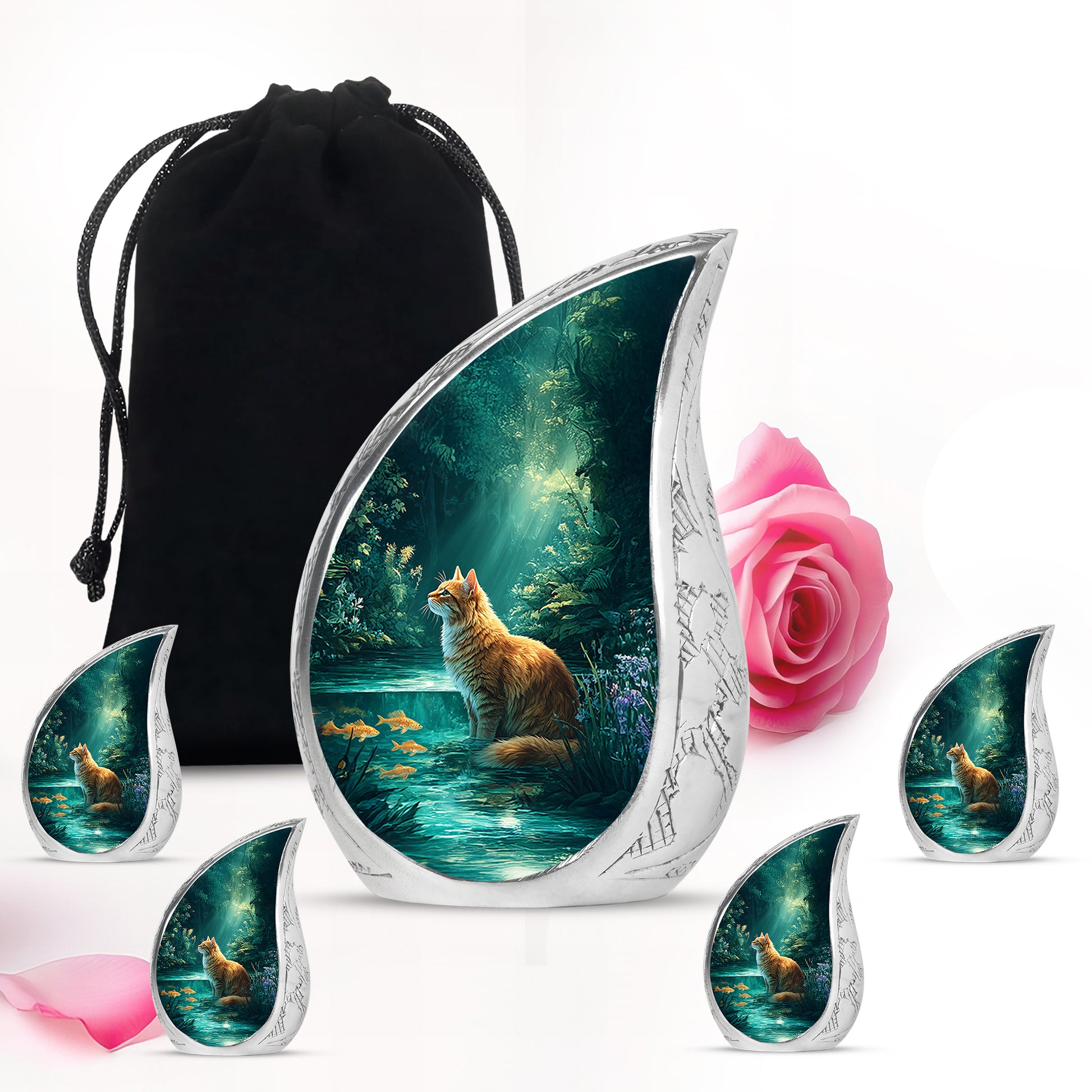 Jewel Teal Cat Cremation Urn side profile showing urn shape - flowing teardrop cat silhouette on curved aluminum - memorial set with one large and four small urns