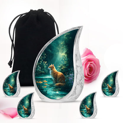 Jewel Teal Cat Cremation Urn side profile showing urn shape - flowing teardrop cat silhouette on curved aluminum - memorial set with one large and four small urns