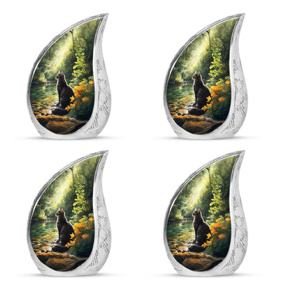 Dark Black Cat Cremation Urn close-up of engraving and surface detail - smooth teardrop contour featuring cat art - 10 inch aluminum urn for cremated remains