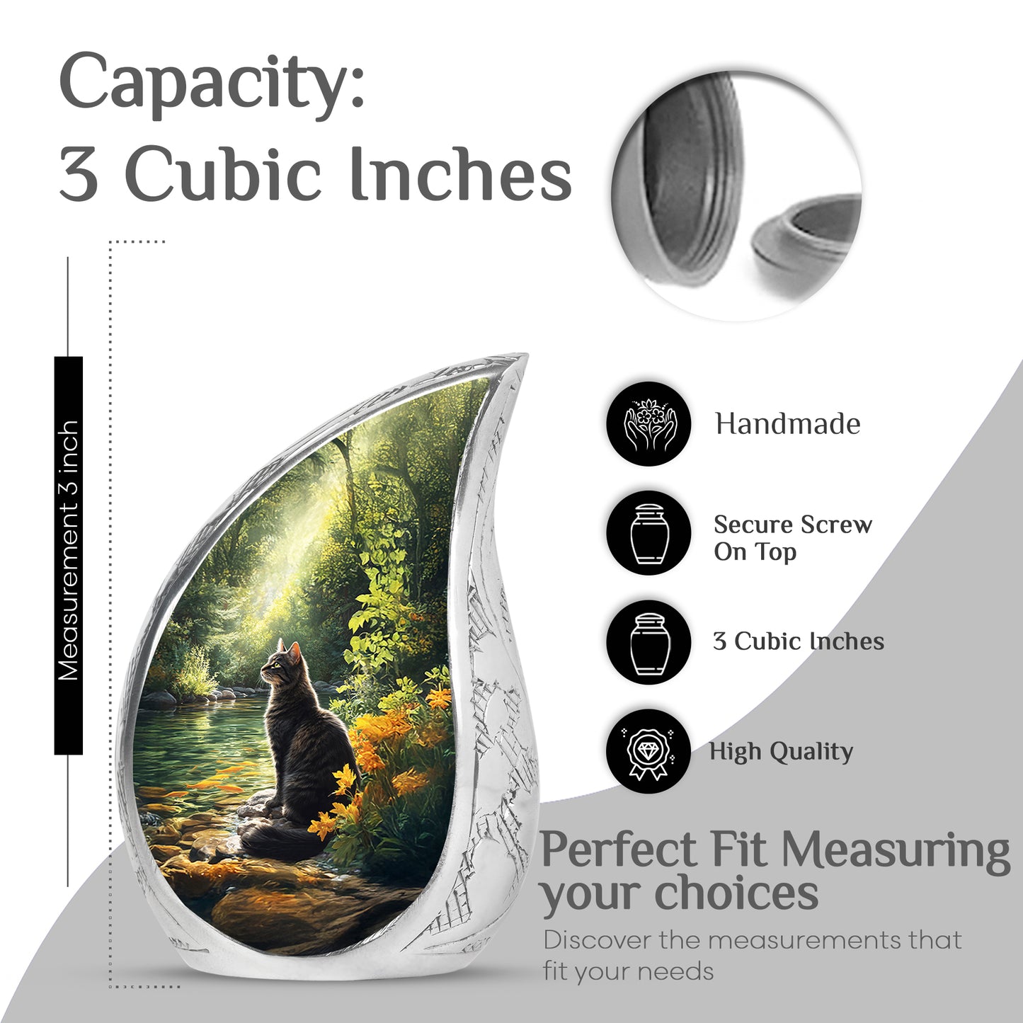 Dark Black Cat Cremation Urn angled view of lid and engraved motif - smooth teardrop contour featuring cat art - mini keepsake memorial for portion of cremation ashes