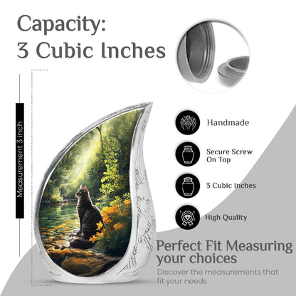 Dark Black Cat Cremation Urn angled view of lid and engraved motif - smooth teardrop contour featuring cat art - mini keepsake memorial for portion of cremation ashes