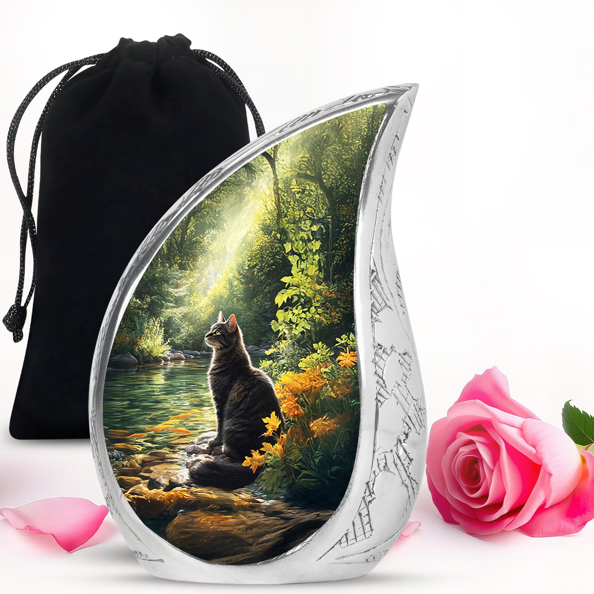 Rich Black Cat Cremation Urn front view showing detailed design - flowing teardrop cat silhouette on curved aluminum - full-size 10 inch 200 cubic inch adult cremation urn
