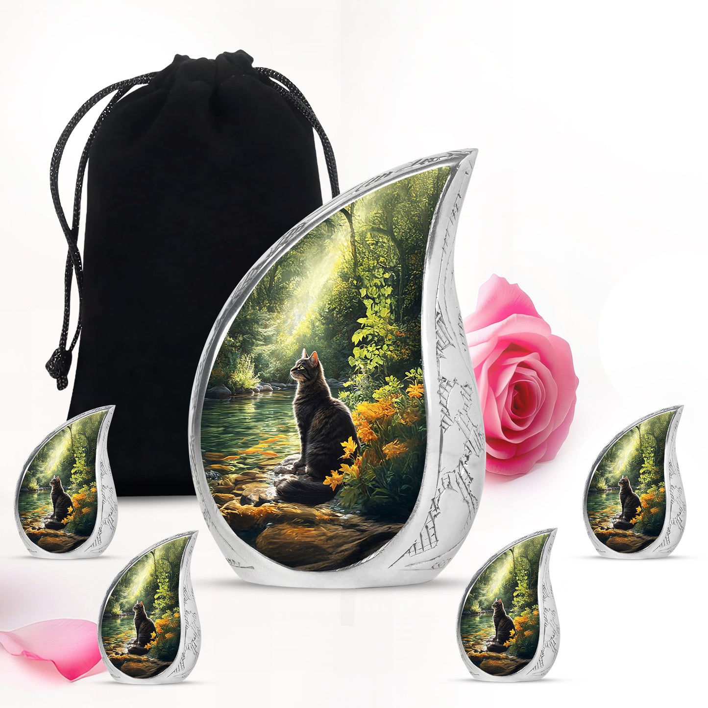 Glossy Black Cat Cremation Urn side profile showing urn shape - flowing teardrop cat silhouette on curved aluminum - memorial set with one large and four small urns