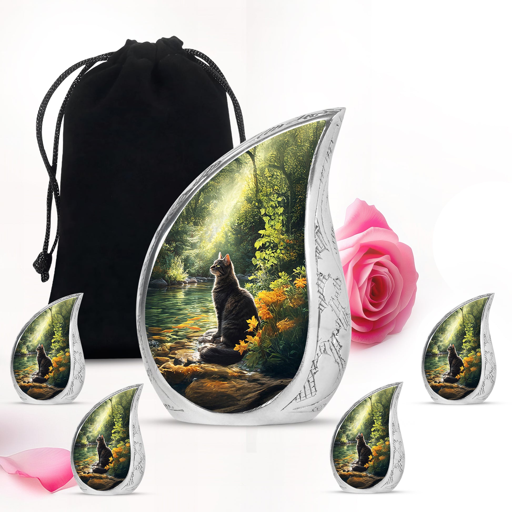 Glossy Black Cat Cremation Urn side profile showing urn shape - flowing teardrop cat silhouette on curved aluminum - memorial set with one large and four small urns