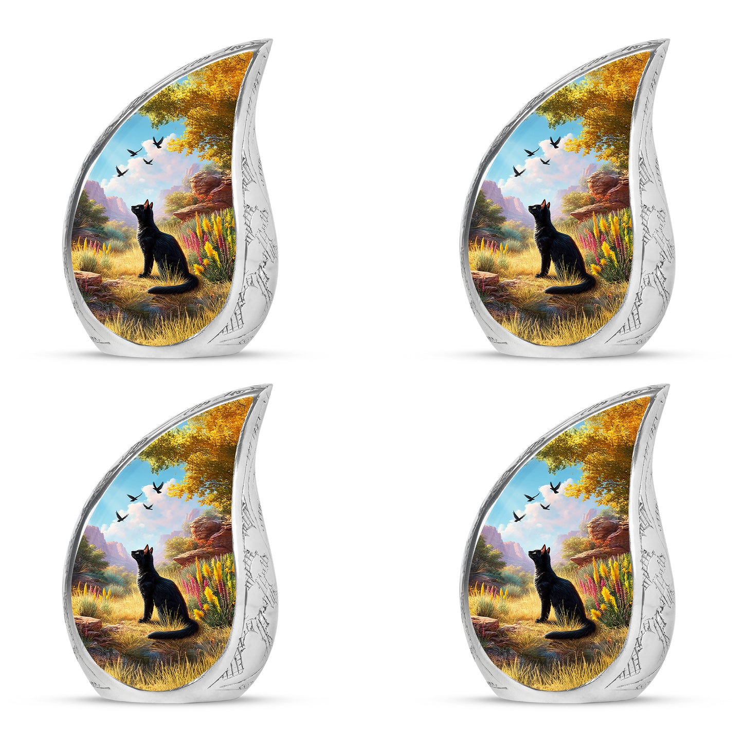 Dusty Blue Cat Cremation Urn close-up of engraving and surface detail - flowing teardrop cat silhouette on curved aluminum - 10 inch aluminum urn for cremated remains