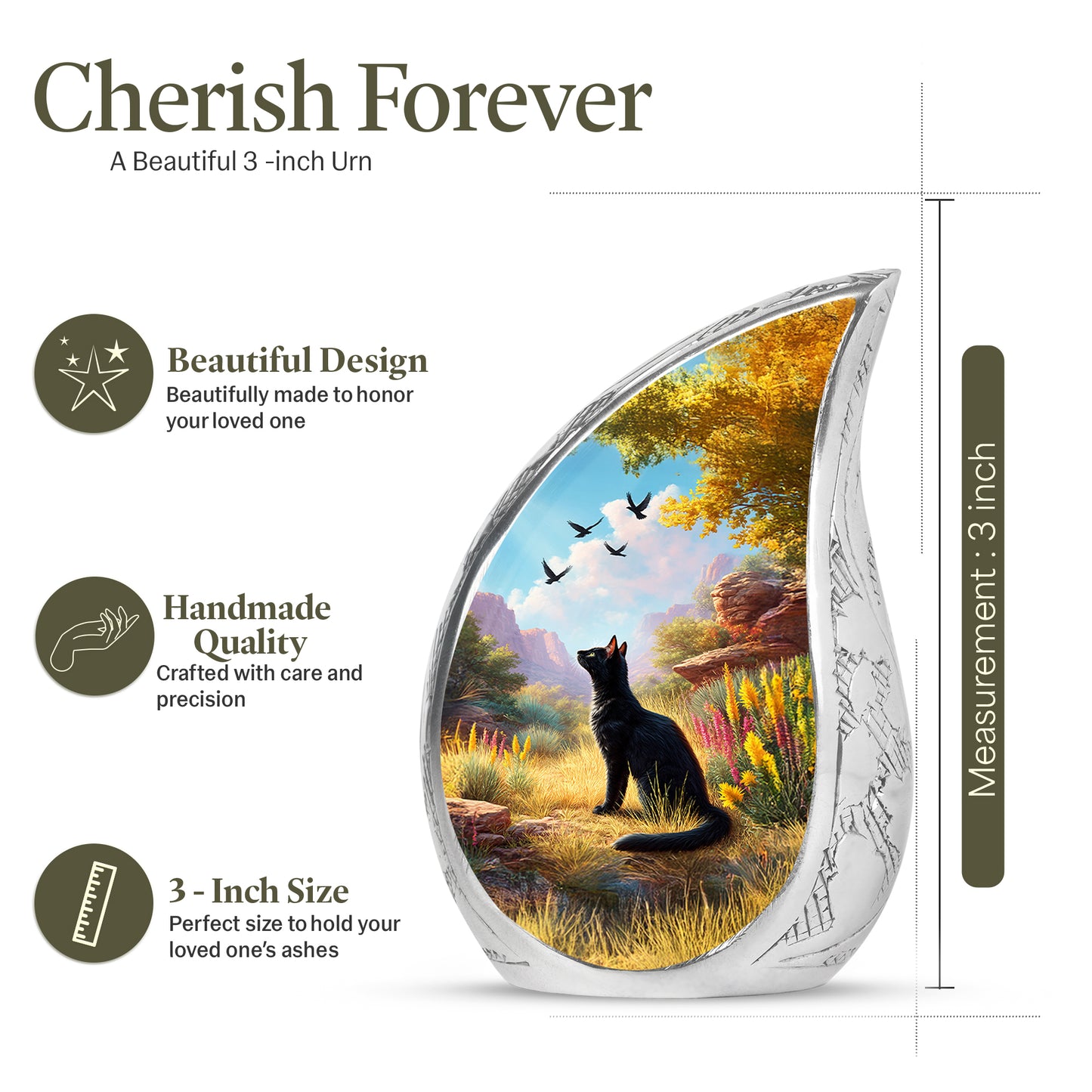Serene Blue Cat Cremation Urn angled view of lid and engraved motif - graceful tear-shaped urn with cat motif - mini keepsake memorial for portion of cremation ashes