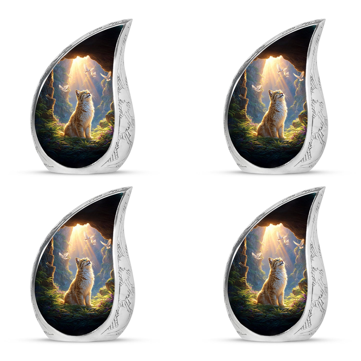 Cherry Red Cat Cremation Urn close-up of engraving and surface detail - smooth teardrop contour featuring cat art - 10 inch aluminum urn for cremated remains