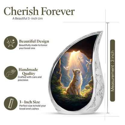Cherry Red Cat Cremation Urn angled view of lid and engraved motif - smooth teardrop contour featuring cat art - mini keepsake memorial for portion of cremation ashes