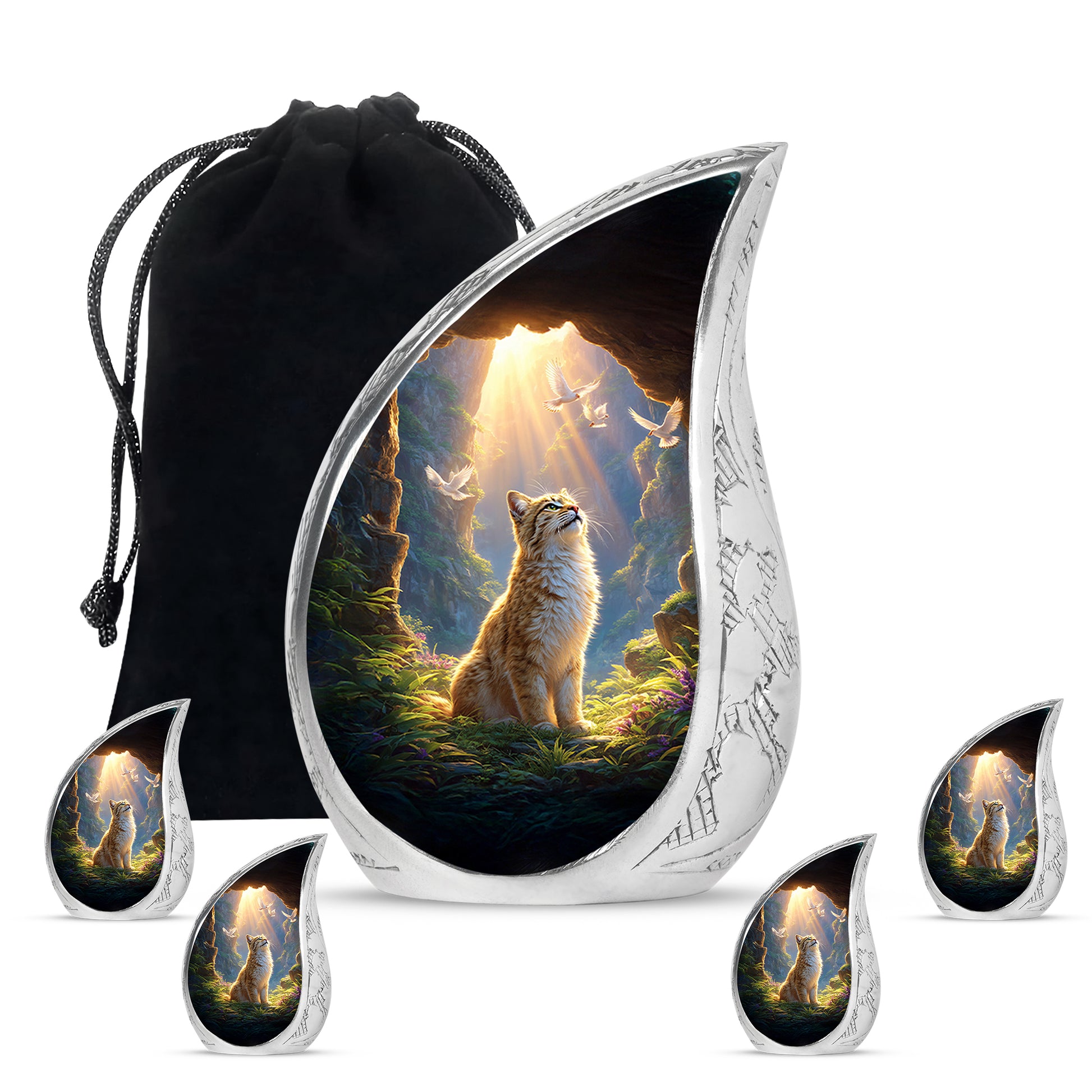 Wine Red Cat Cremation Urn side profile showing urn shape - flowing teardrop cat silhouette on curved aluminum - memorial set with one large and four small urns