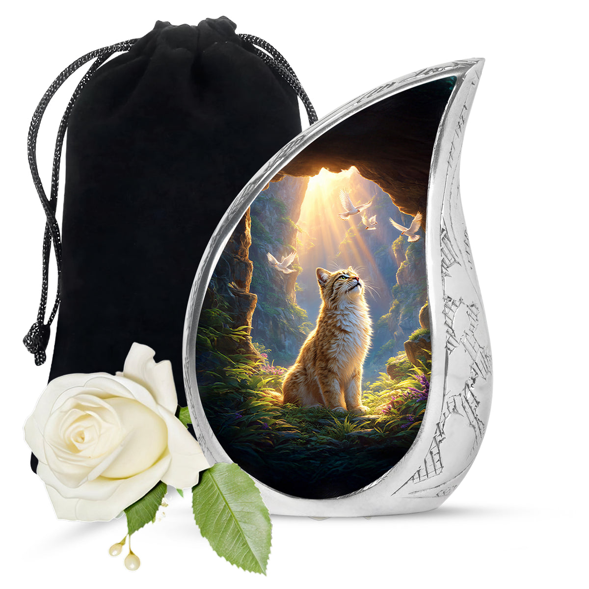 Ruby Red Cat Cremation Urn front view showing detailed design - graceful tear-shaped urn with cat motif - full-size 10 inch 200 cubic inch adult cremation urn