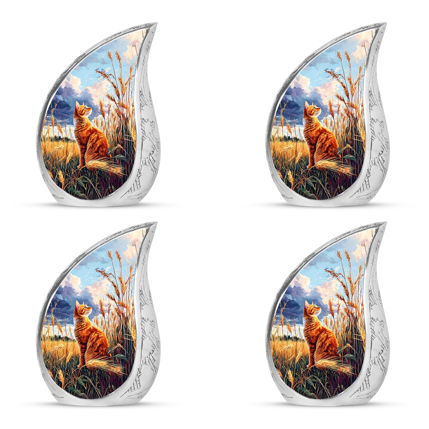Navy Blue Cat Cremation Urn close-up of engraving and surface detail - rounded teardrop cat design with delicate detail - 10 inch aluminum urn for cremated remains