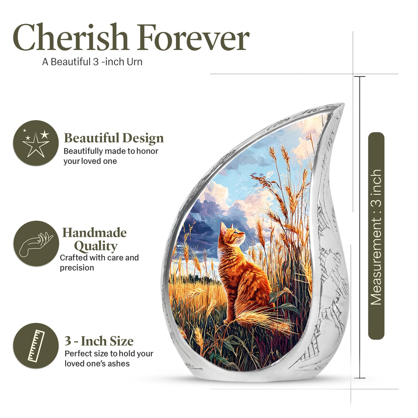 Navy Blue Cat Cremation Urn angled view of lid and engraved motif - flowing teardrop cat silhouette on curved aluminum - mini keepsake memorial for portion of cremation ashes