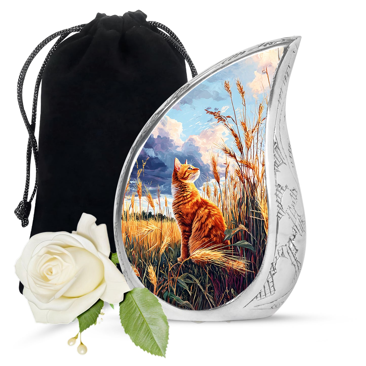 Slate Blue Cat Cremation Urn front view showing detailed design - flowing teardrop cat silhouette on curved aluminum - full-size 10 inch 200 cubic inch adult cremation urn