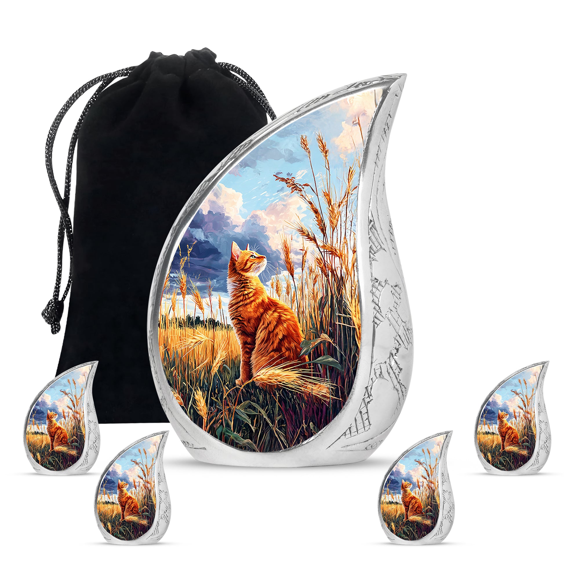 Cornflower Blue Cat Cremation Urn side profile showing urn shape - graceful tear-shaped urn with cat motif - memorial set with one large and four small urns