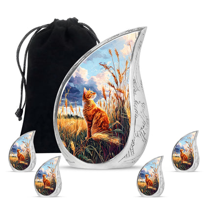 Cornflower Blue Cat Cremation Urn side profile showing urn shape - graceful tear-shaped urn with cat motif - memorial set with one large and four small urns