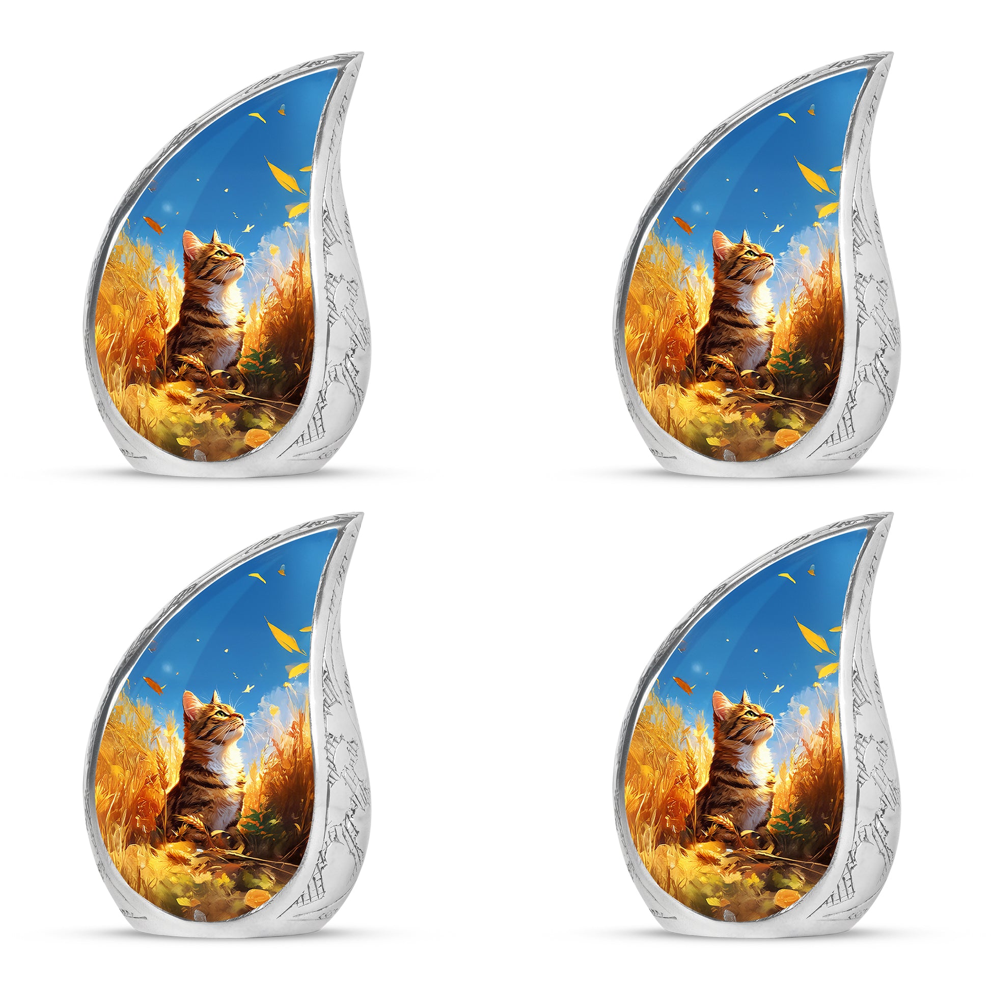 Indigo Cat Cremation Urn close-up of engraving and surface detail - flowing teardrop cat silhouette on curved aluminum - 10 inch aluminum urn for cremated remains