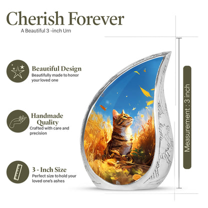 Powder Blue Cat Cremation Urn angled view of lid and engraved motif - flowing teardrop cat silhouette on curved aluminum - mini keepsake memorial for portion of cremation ashes