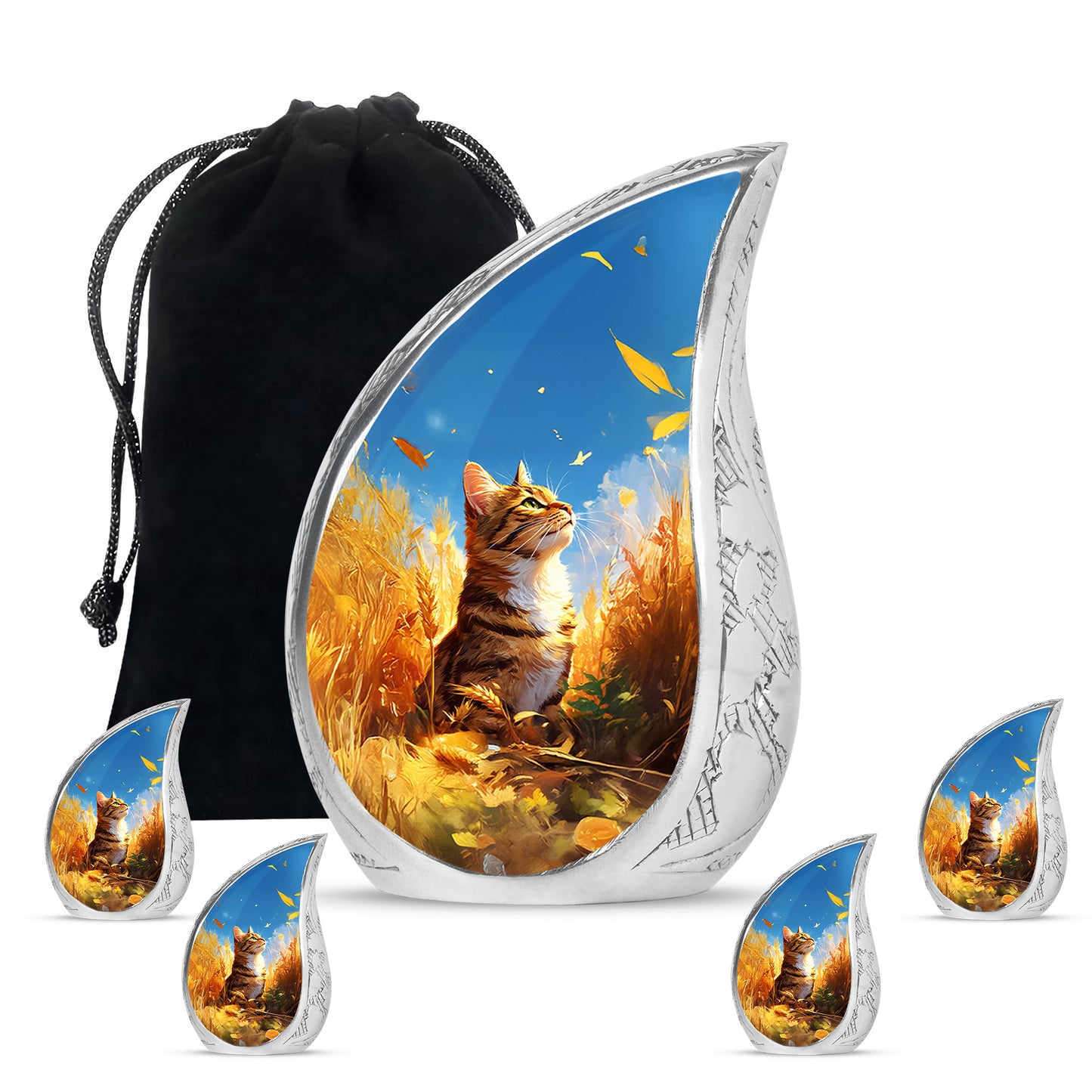 Misty Blue Cat Cremation Urn side profile showing urn shape - flowing teardrop cat silhouette on curved aluminum - memorial set with one large and four small urns