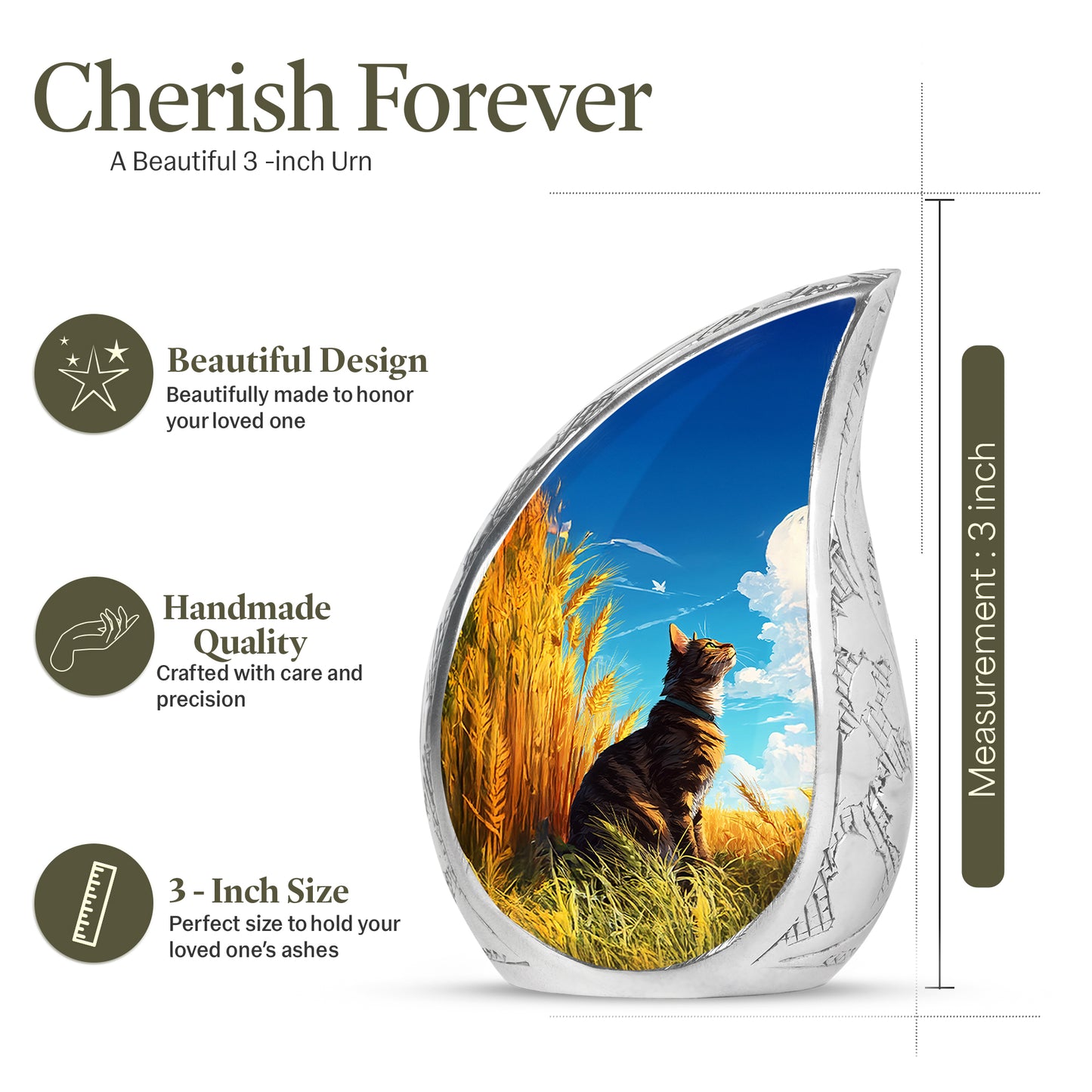 Cobalt Blue Cat Cremation Urn angled view of lid and engraved motif - smooth teardrop contour featuring cat art - mini keepsake memorial for portion of cremation ashes