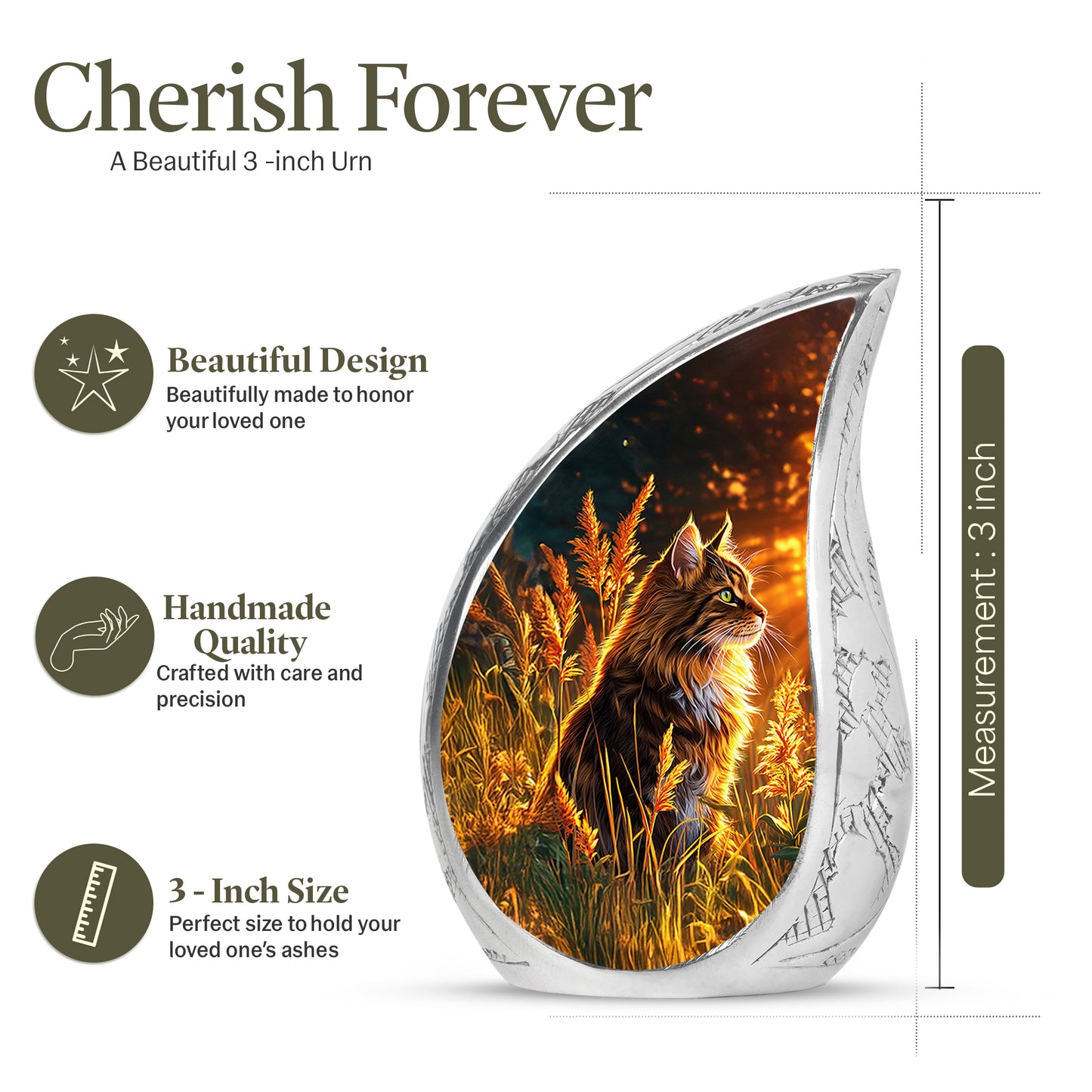 Deep Black Cat Cremation Urn angled view of lid and engraved motif - flowing teardrop cat silhouette on curved aluminum - mini keepsake memorial for portion of cremation ashes