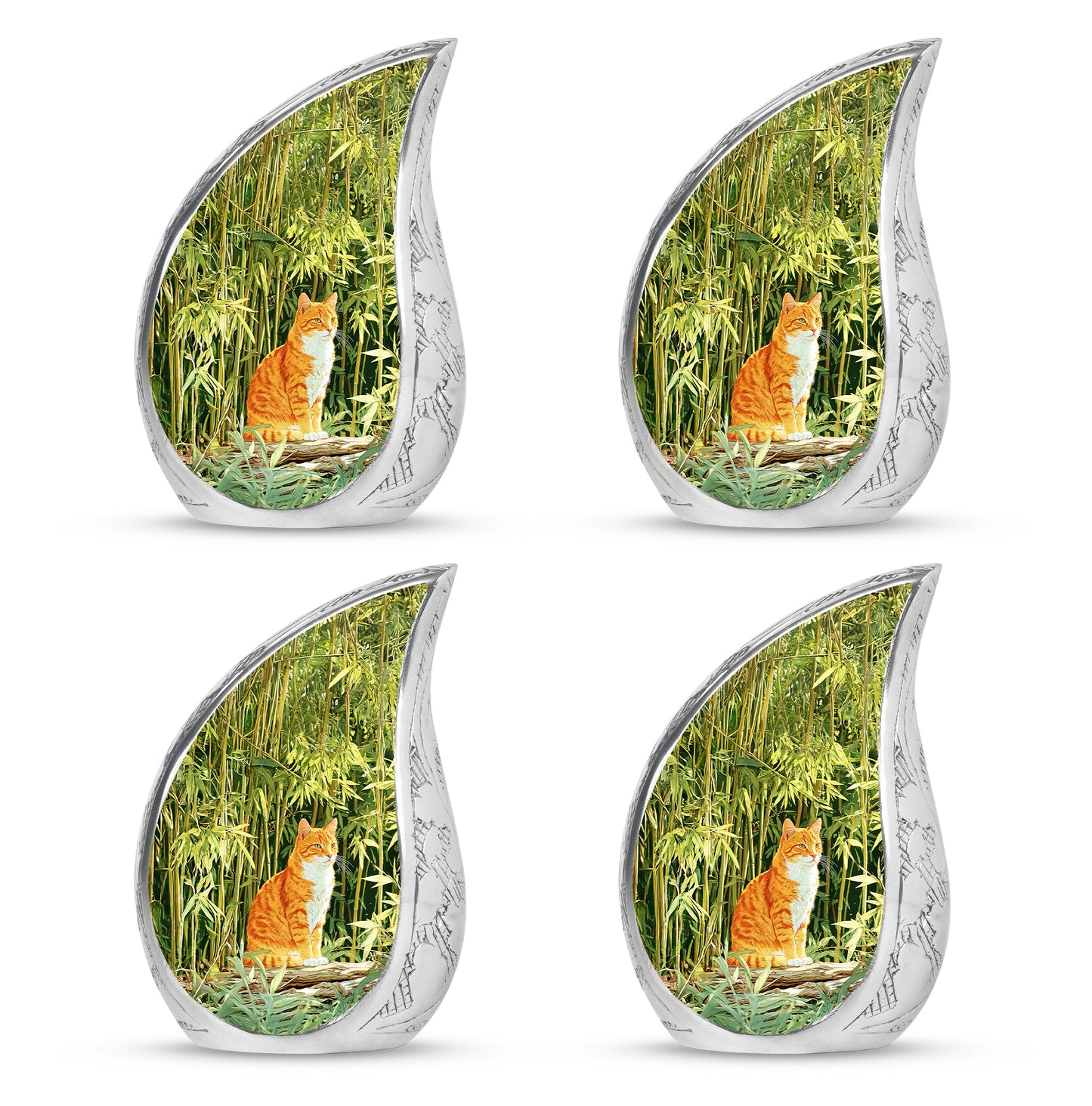 Forest Green Cat Cremation Urn close-up of engraving and surface detail - smooth teardrop contour featuring cat art - 10 inch aluminum urn for cremated remains