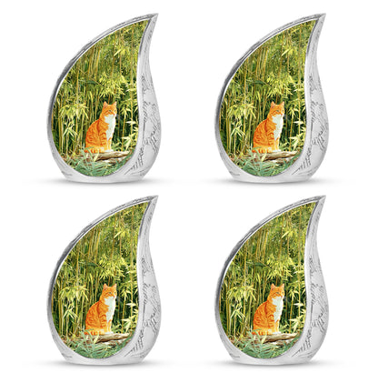 Forest Green Cat Cremation Urn close-up of engraving and surface detail - smooth teardrop contour featuring cat art - 10 inch aluminum urn for cremated remains