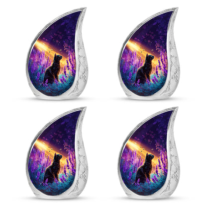 Lavender Purple Cat Cremation Urn close-up of engraving and surface detail - smooth teardrop contour featuring cat art - 10 inch aluminum urn for cremated remains