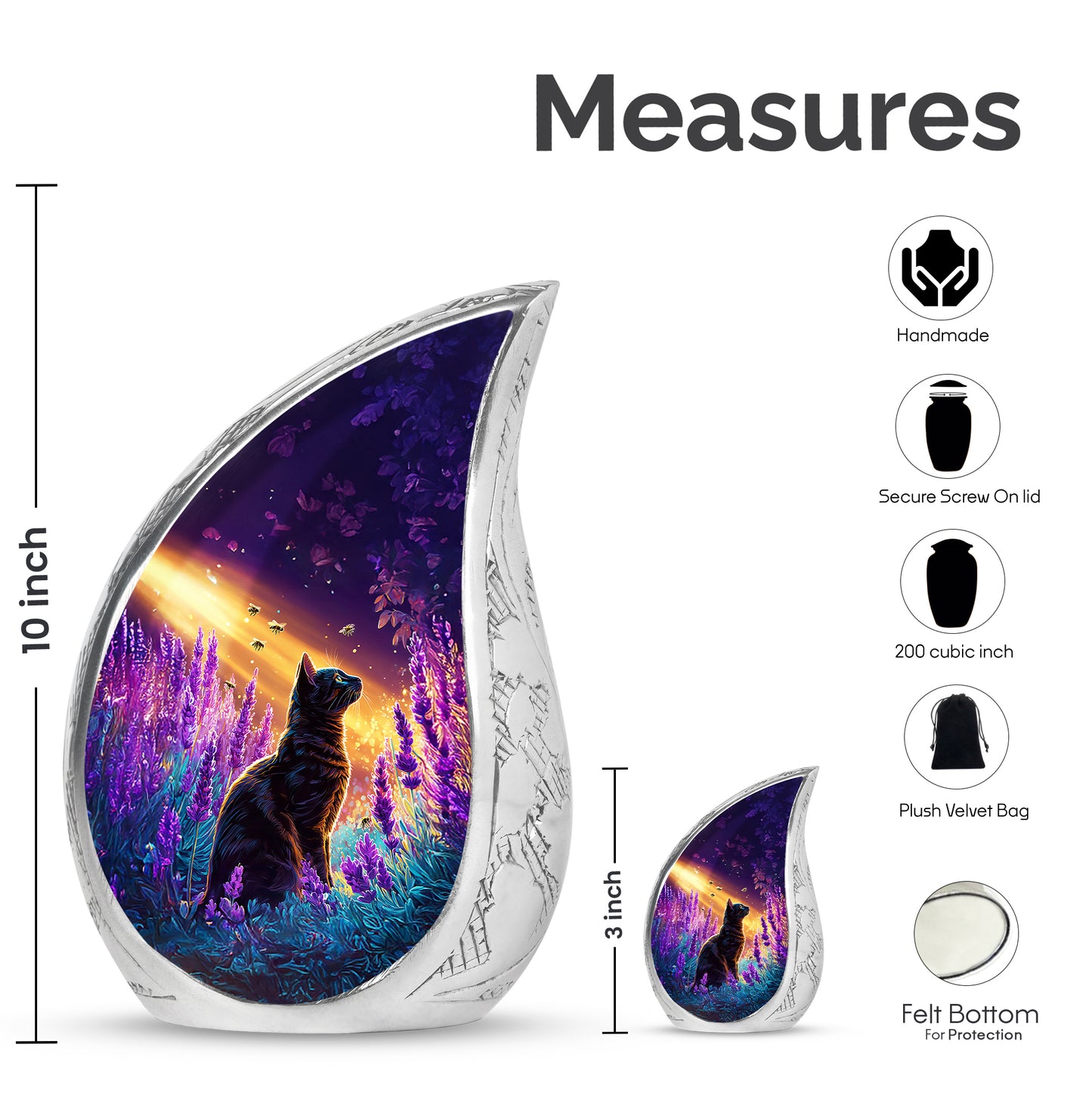 Royal Purple Cat Cremation Urn angled view of lid and engraved motif - graceful tear-shaped urn with cat motif - mini keepsake memorial for portion of cremation ashes