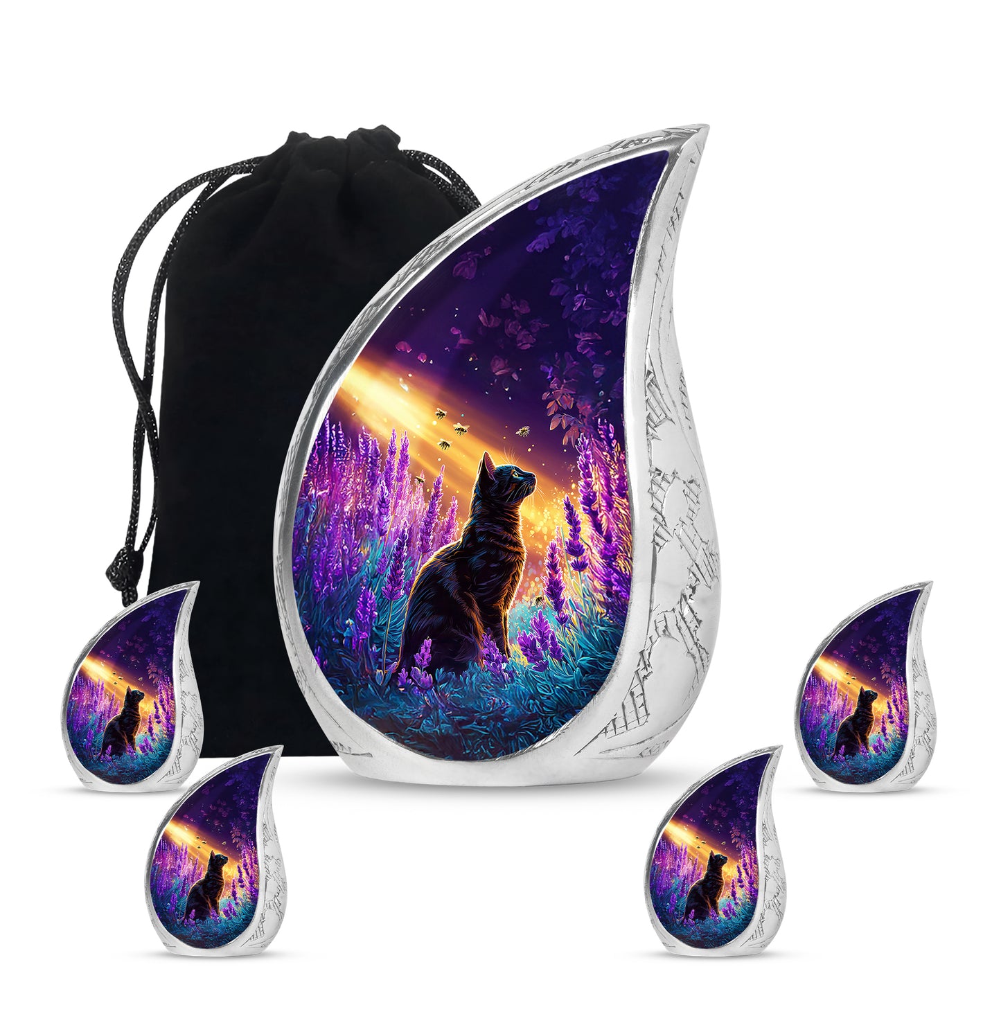 Amethyst Purple Cat Cremation Urn side profile showing urn shape - flowing teardrop cat silhouette on curved aluminum - memorial set with one large and four small urns