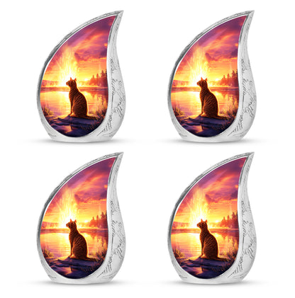 Cherry Red Cat Cremation Urn close-up of engraving and surface detail - graceful tear-shaped urn with cat motif - 10 inch aluminum urn for cremated remains