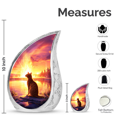 Deep Red Cat Cremation Urn angled view of lid and engraved motif - flowing teardrop cat silhouette on curved aluminum - mini keepsake memorial for portion of cremation ashes