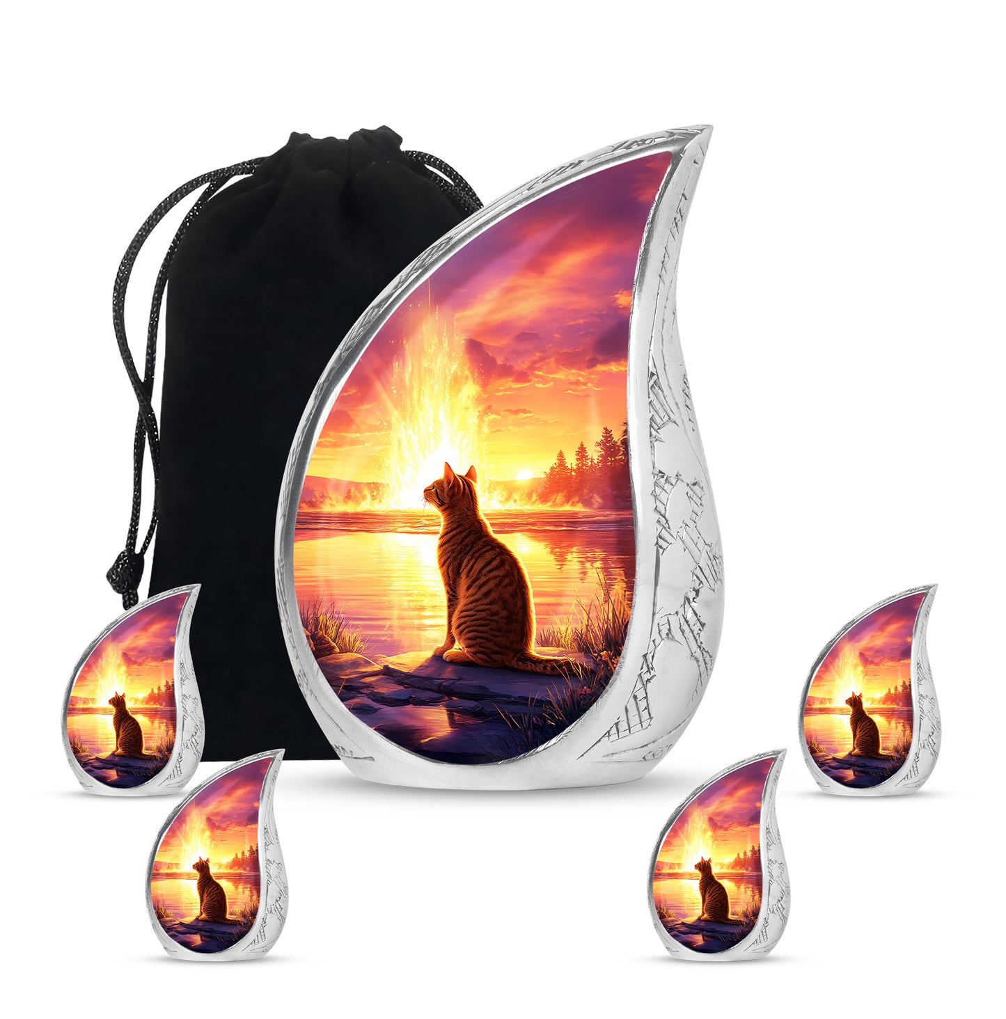 Wine Red Cat Cremation Urn side profile showing urn shape - flowing teardrop cat silhouette on curved aluminum - memorial set with one large and four small urns