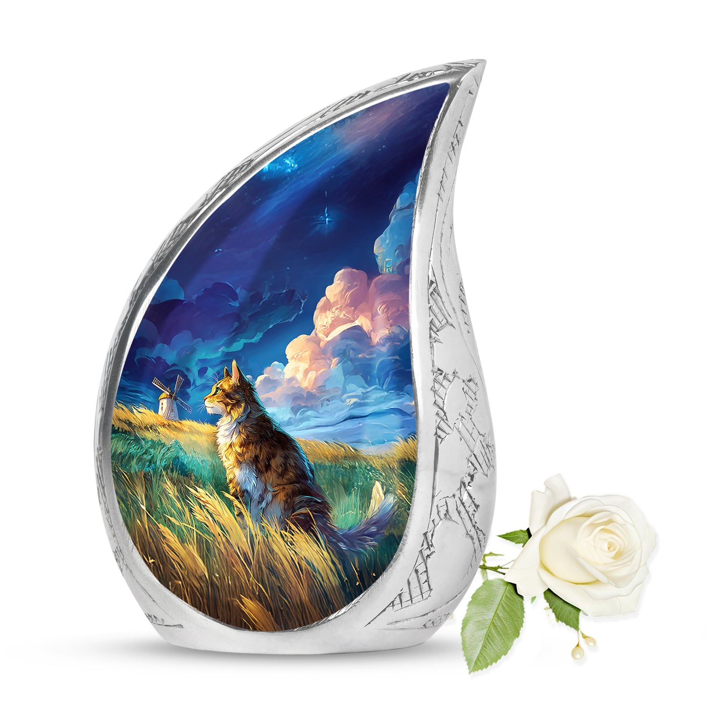 Blue Resounding Cat Memorial Urn for Ashes - 10-inch, 200 cu in - Yatskia