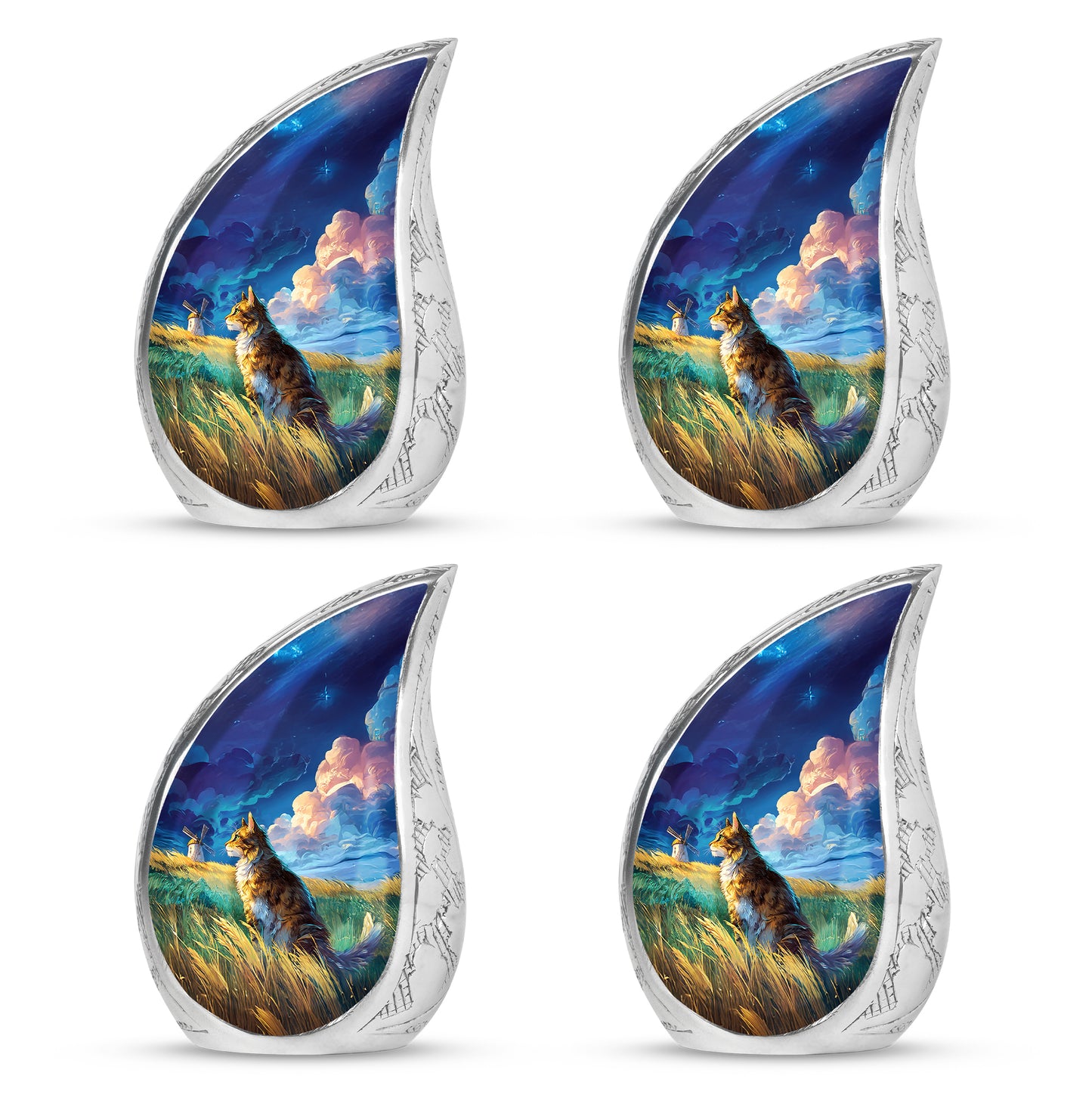Navy Blue Cat Cremation Urn close-up of engraving and surface detail - rounded teardrop cat design with delicate detail - 10 inch aluminum urn for cremated remains