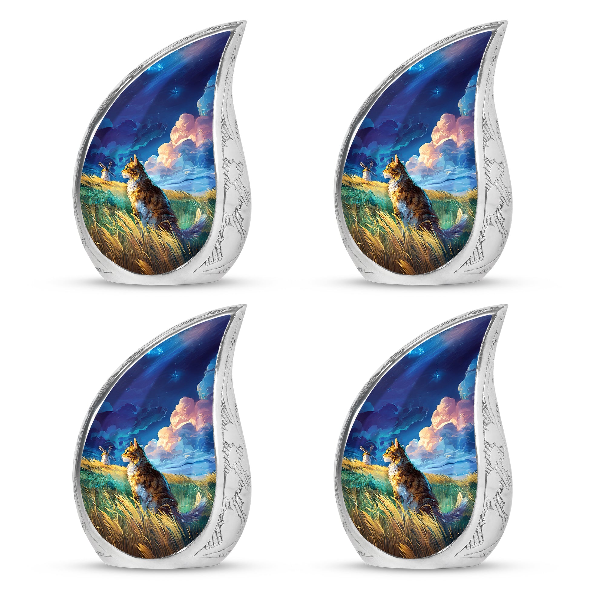 Navy Blue Cat Cremation Urn close-up of engraving and surface detail - rounded teardrop cat design with delicate detail - 10 inch aluminum urn for cremated remains