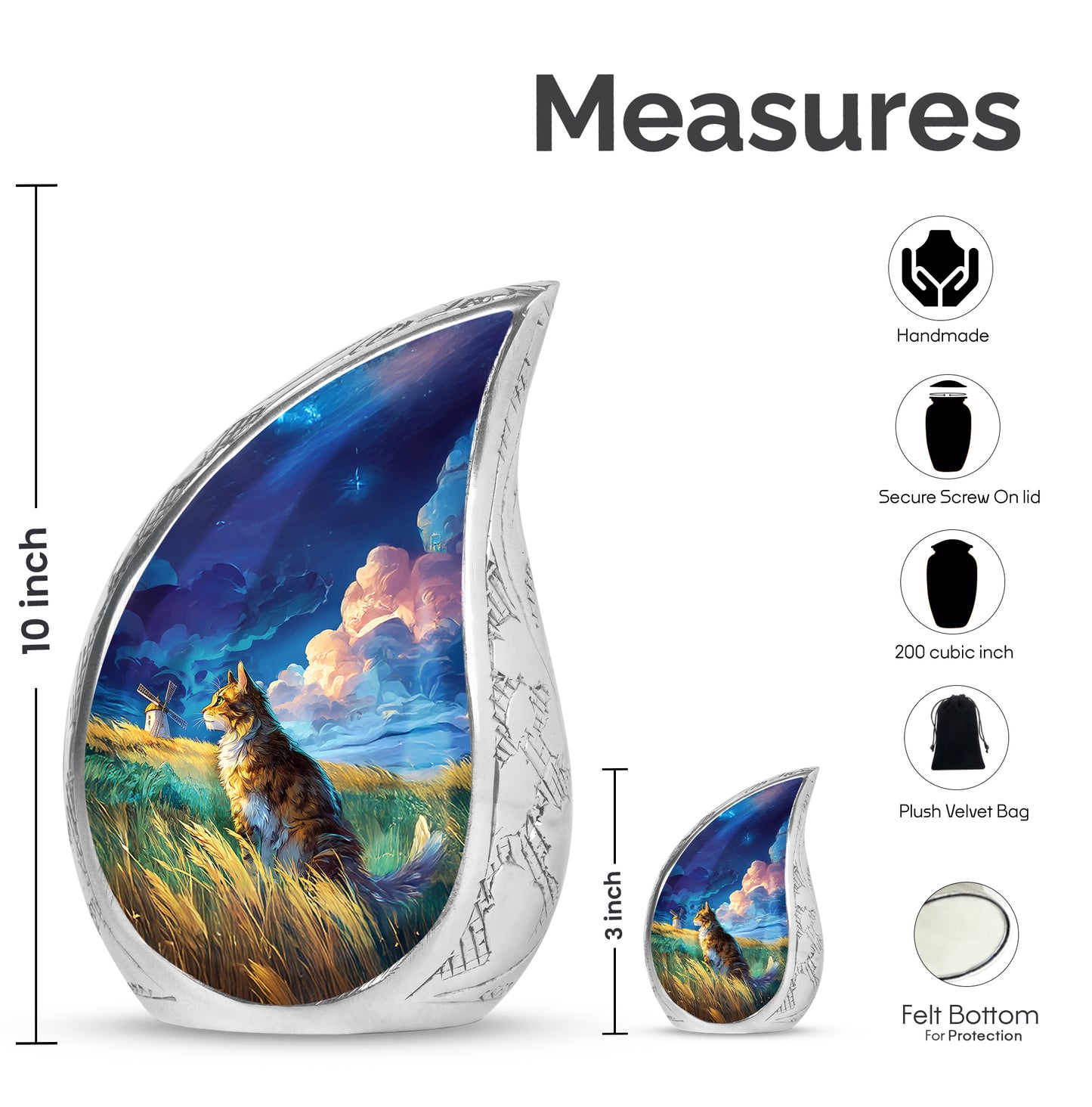 Azure Cat Cremation Urn angled view of lid and engraved motif - flowing teardrop cat silhouette on curved aluminum - mini keepsake memorial for portion of cremation ashes