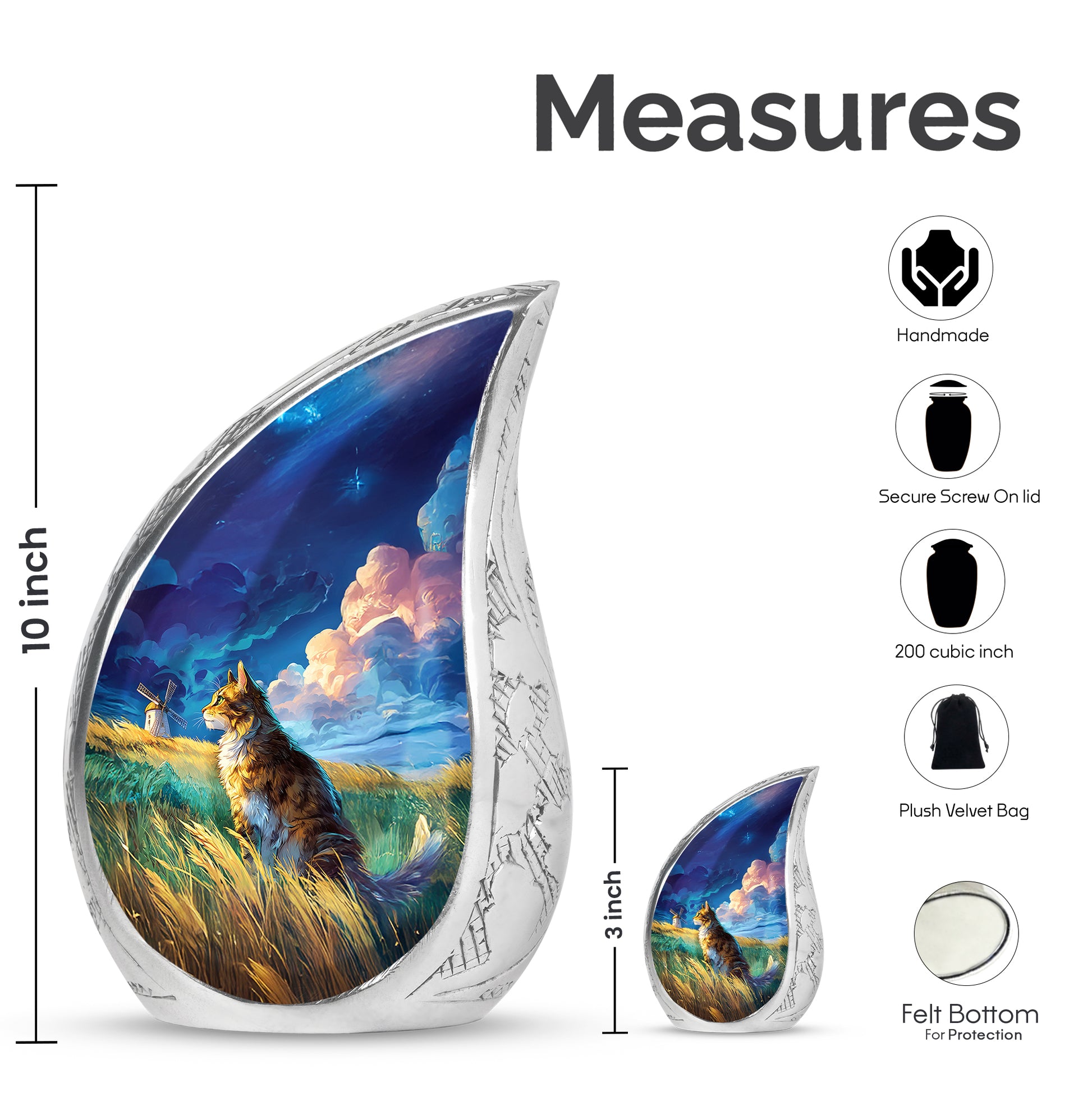 Azure Cat Cremation Urn angled view of lid and engraved motif - flowing teardrop cat silhouette on curved aluminum - mini keepsake memorial for portion of cremation ashes
