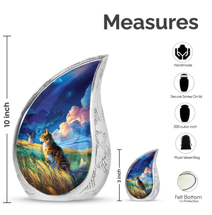 Azure Cat Cremation Urn angled view of lid and engraved motif - flowing teardrop cat silhouette on curved aluminum - mini keepsake memorial for portion of cremation ashes