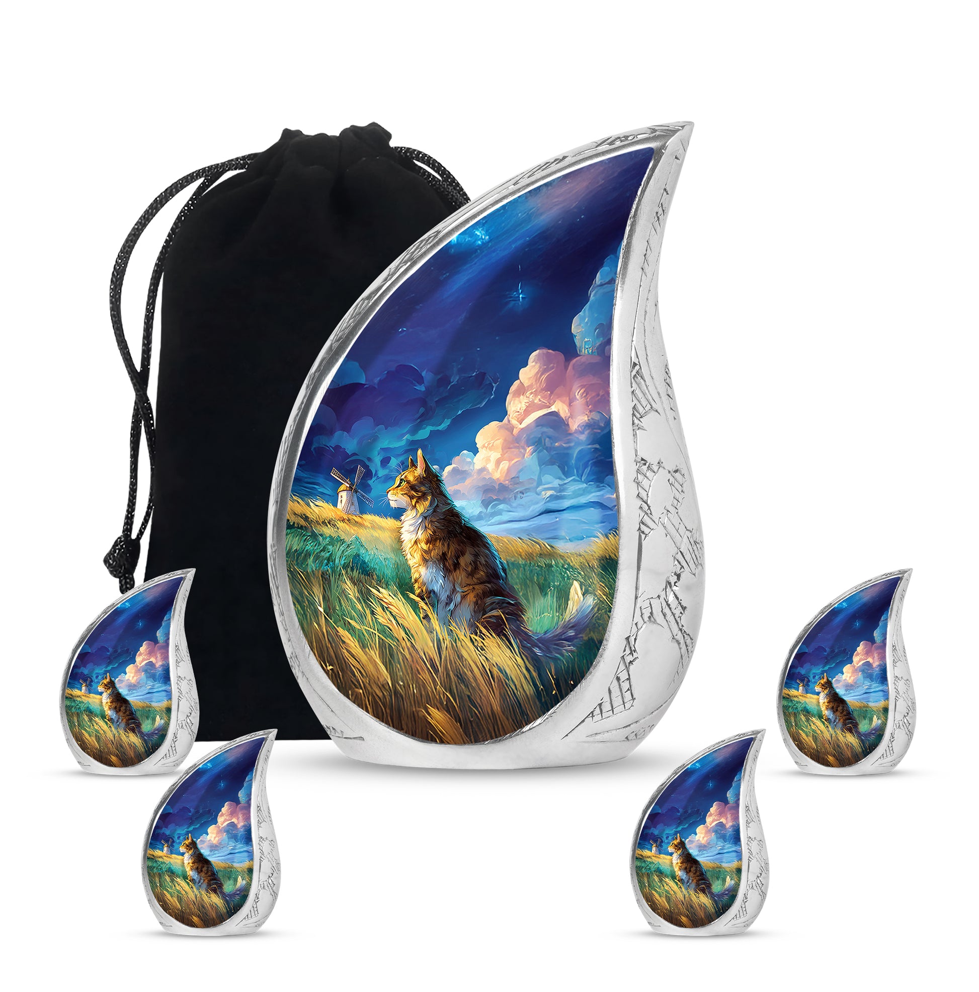 Cobalt Blue Cat Cremation Urn side profile showing urn shape - smooth teardrop contour featuring cat art - memorial set with one large and four small urns