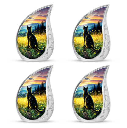 Gilded Gold Cat Cremation Urn close-up of engraving and surface detail - rounded teardrop cat design with delicate detail - 10 inch aluminum urn for cremated remains